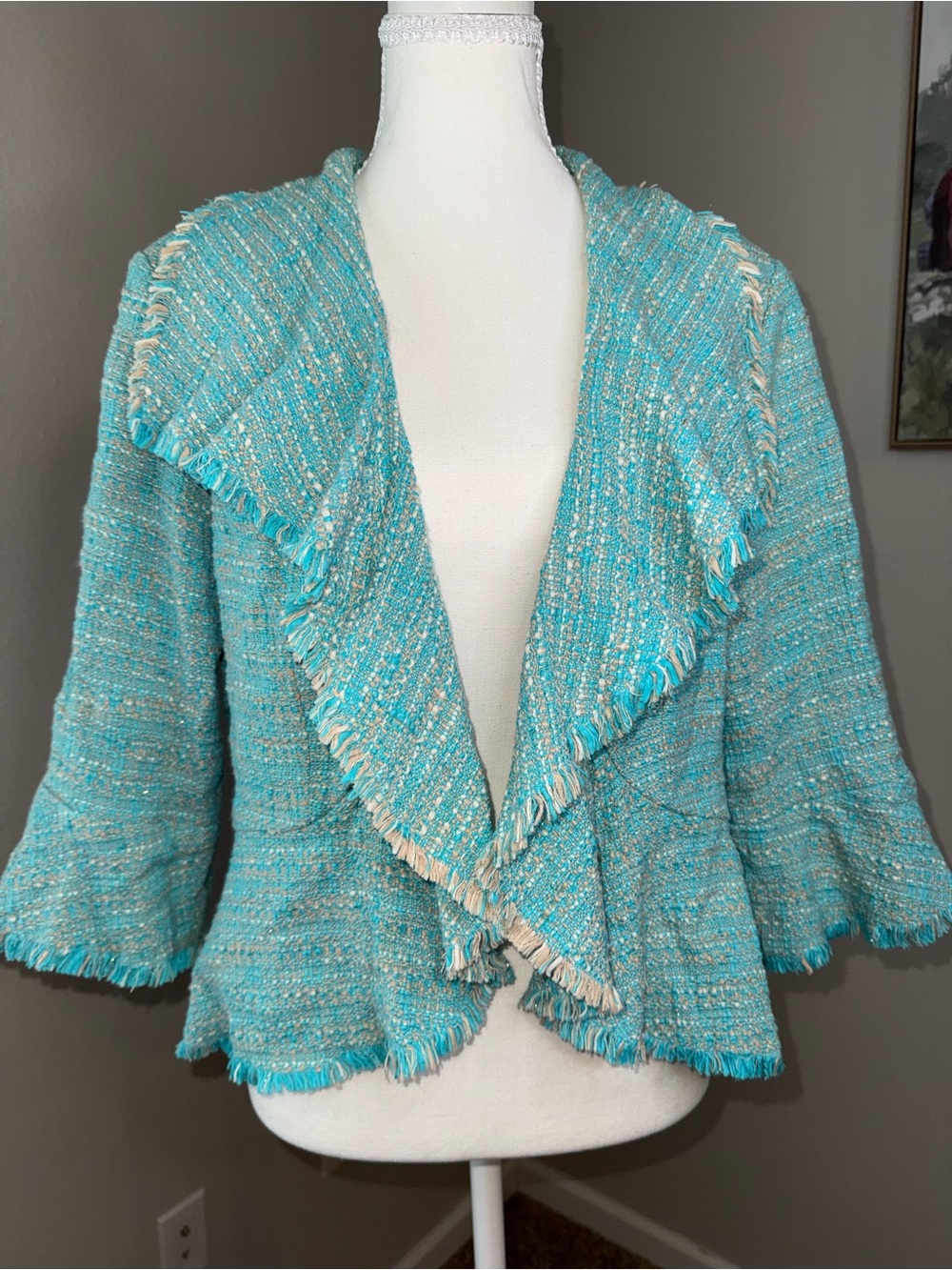 Jones New York Turquoise Fringe Open-Front Cardigan